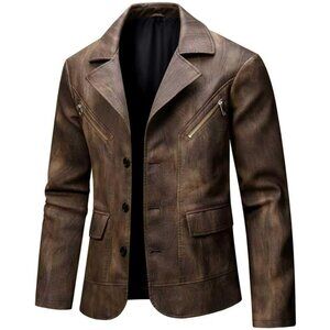 Men's Dark Brown PU Leather Durable Soft Stand Collar Lightweight Jacket